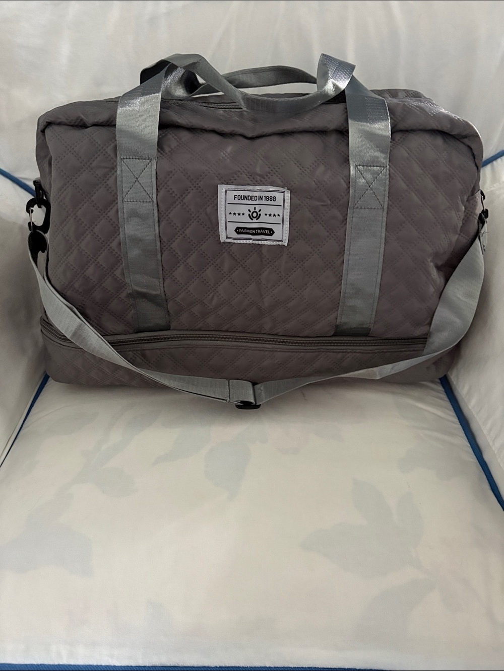 Quilted Gray Travel Duffel with Shoulder Strap